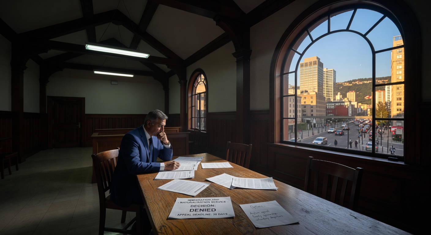 Person reviewing legal documents after asylum denial with multiple paths forward