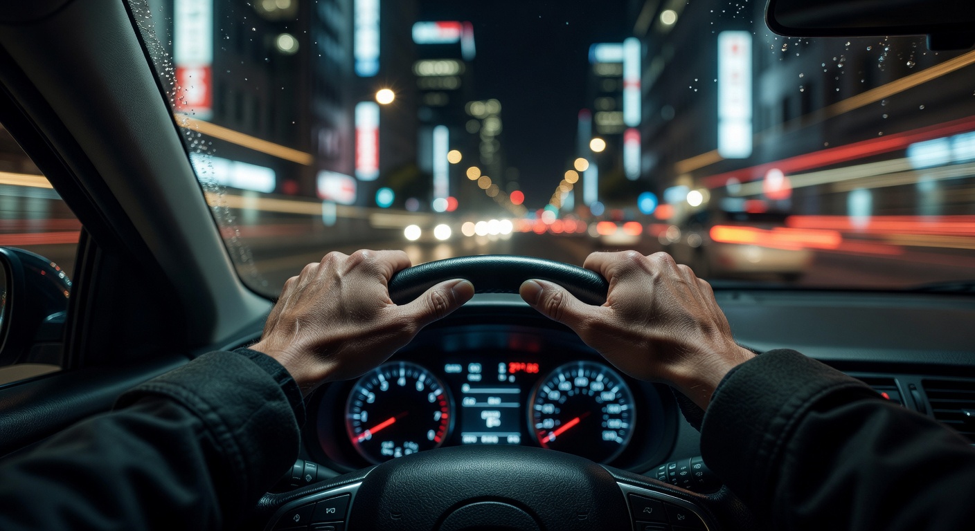 Hands gripping a steering wheel at night with blurred city lights through the windshield