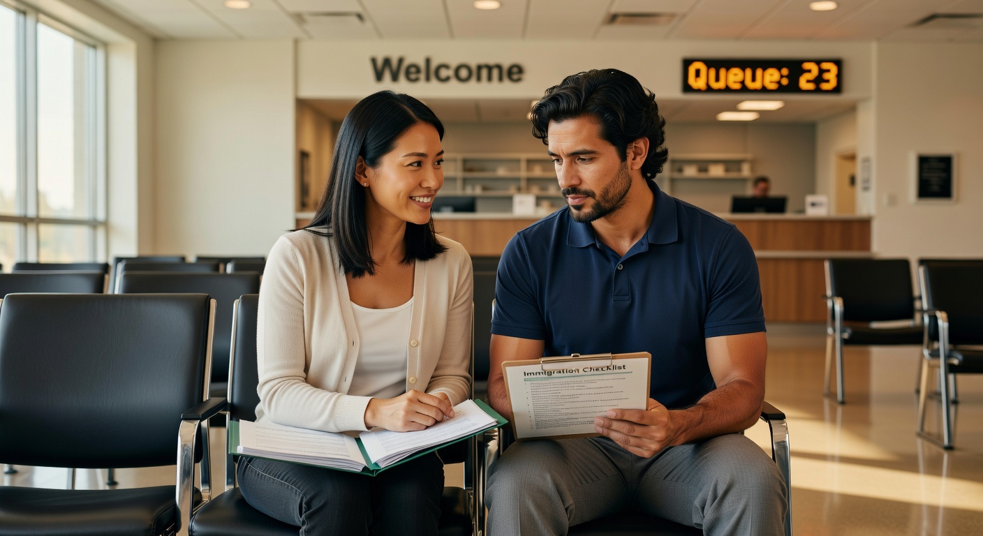 Couple reviewing documents before their green card interview at USCIS office