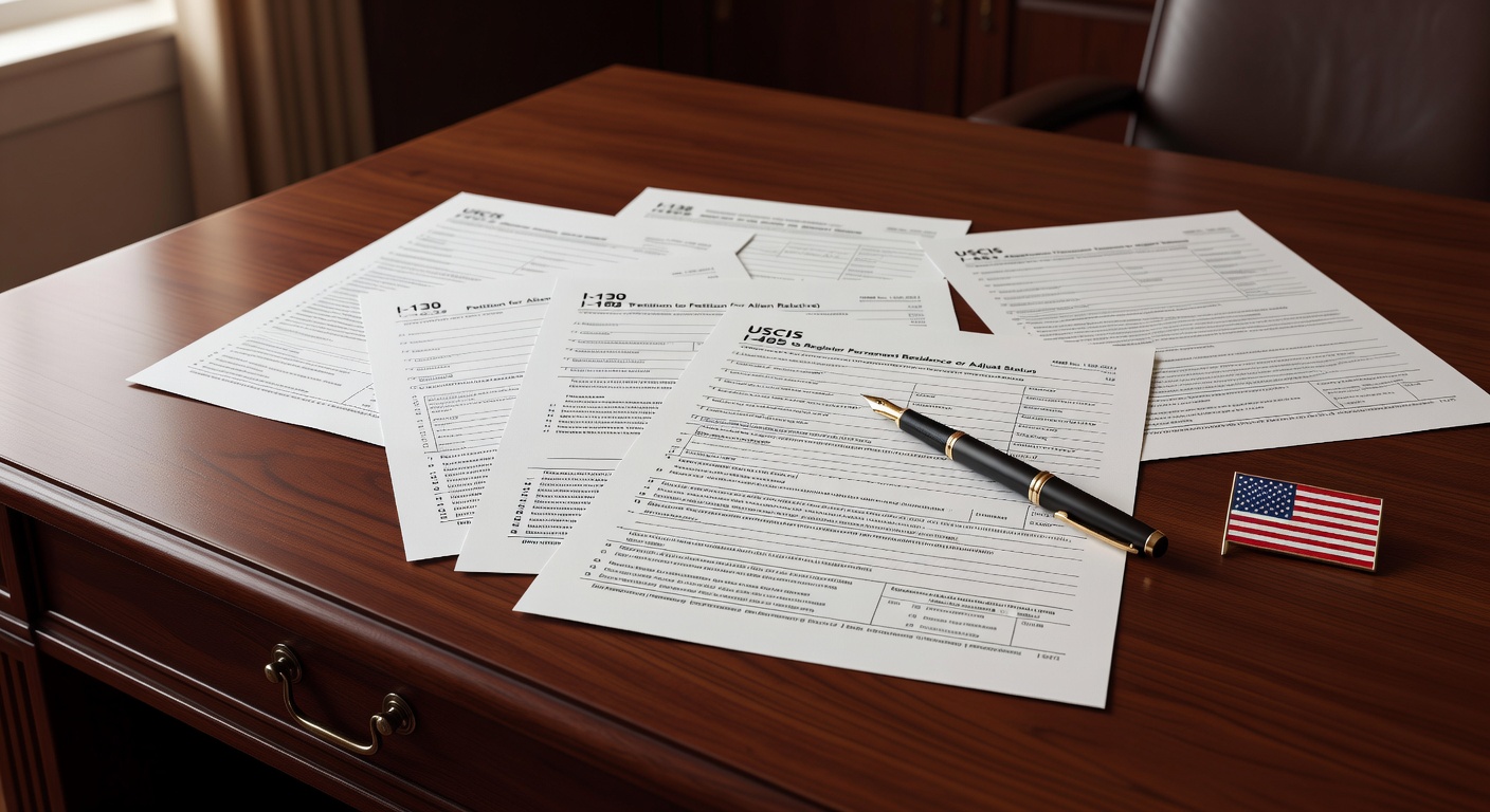 Immigration attorney reviewing I-130 petition denial documents with USCIS forms on desk