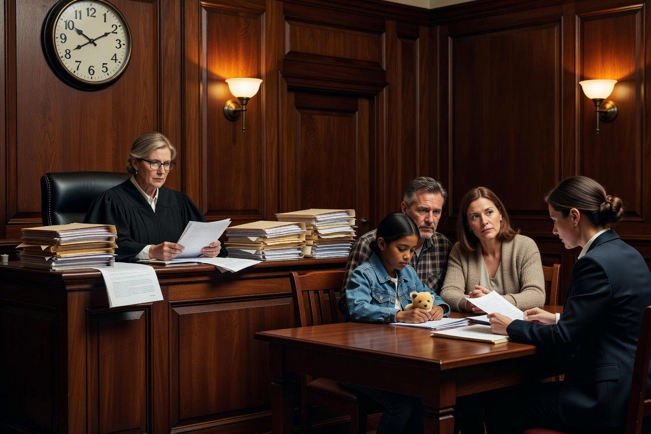 Immigration courtroom with judge and stacks of case files representing the 2 million case backlog
