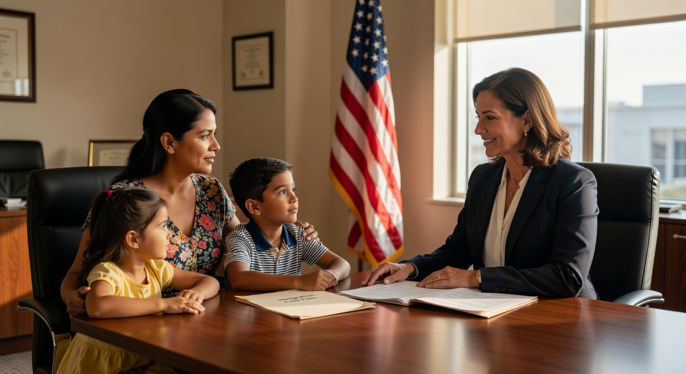 Immigration attorney meeting with family in law office